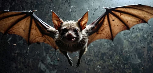 Foto op Plexiglas a bat flying through the air with it's wings spread out and it's eyes open and it's mouth wide open. © Albert