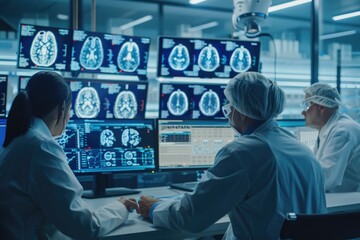 Two individuals working at a desk with multiple computer screens. Ideal for technology or office related projects