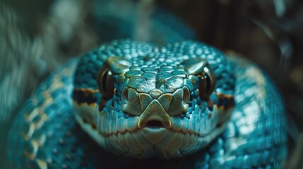 Fototapeta premium Detailed close-up of a blue snake's head. Ideal for educational materials or wildlife publications