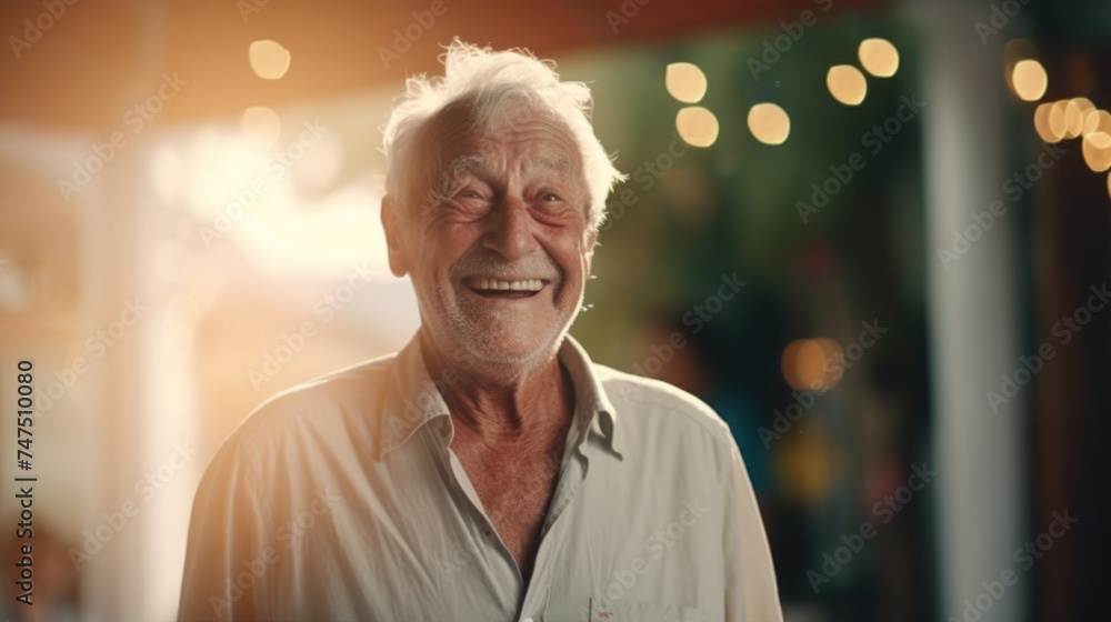 Poster An older man smiling at the camera, suitable for various concepts