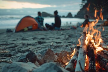 Fototapeta premium A cozy campfire on the beach with people in the background. Perfect for outdoor and travel concepts