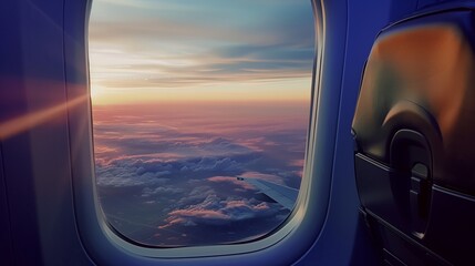 aerial view of city at sunset through airplane window travel theme