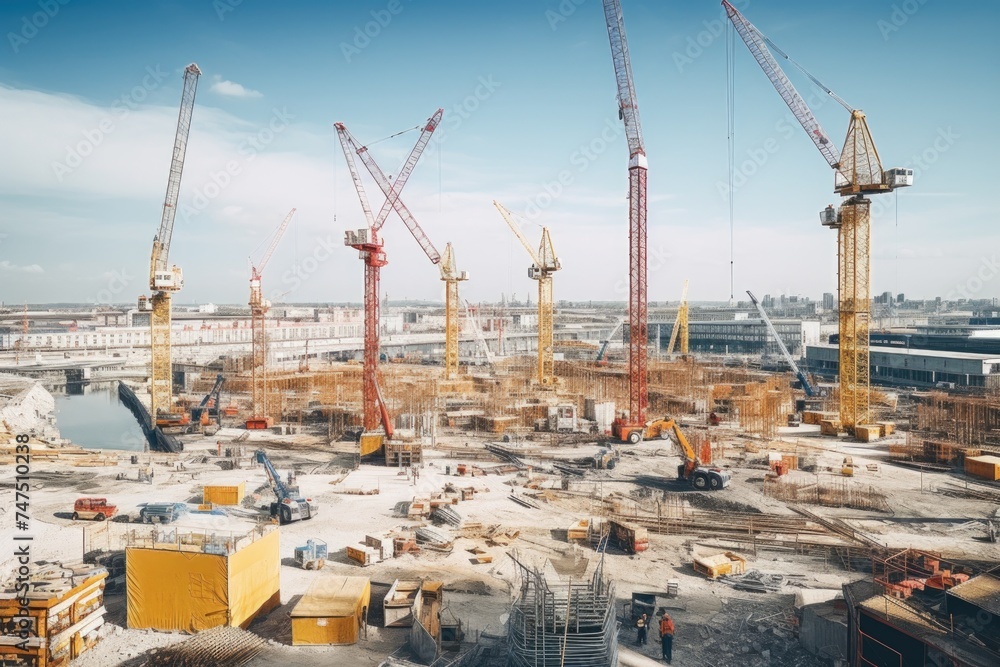 Poster a busy construction site with multiple cranes. ideal for construction industry concepts