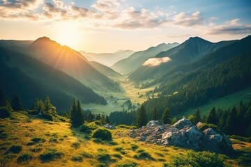 Beautiful sunset over a serene mountain valley. Perfect for travel websites or nature blogs - obrazy, fototapety, plakaty