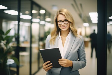 A woman in a business suit holding a tablet computer. Ideal for business and technology concepts