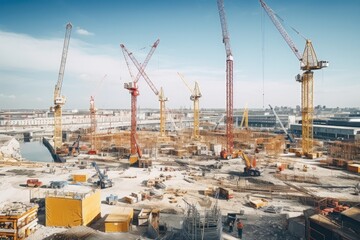 Fototapeta na wymiar A busy construction site with multiple cranes. Ideal for construction industry concepts