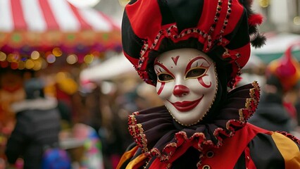 A mischievous jester in a vibrant red and black harlequin costume topped with a quirky jester hat and a porcelain mask painted with a whimsical smile. In the background a