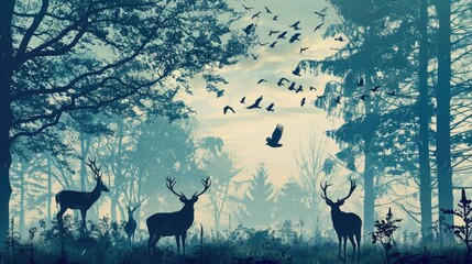A beautiful scene of birds flying over a forest filled with deer. Suitable for nature and wildlife themes