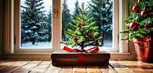 a small christmas tree sitting on top of a wooden box next to a christmas tree in front of a window.