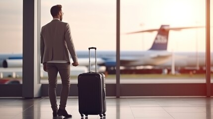 Businessman with suitcase at airport terminal. Travel and adventure concept. Travel and business concept. Travel and tourism concept with copy space. Copy space. 