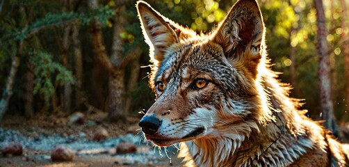 a close up of a wolf in a forest with trees in the background and sunlight shining on the wolf's face.