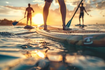 Two people standing on surfboards in the water, perfect for beach and water sports concepts