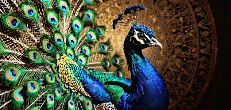 a peacock with feathers spread out in front of a gold background with a circular design in the middle of the image.