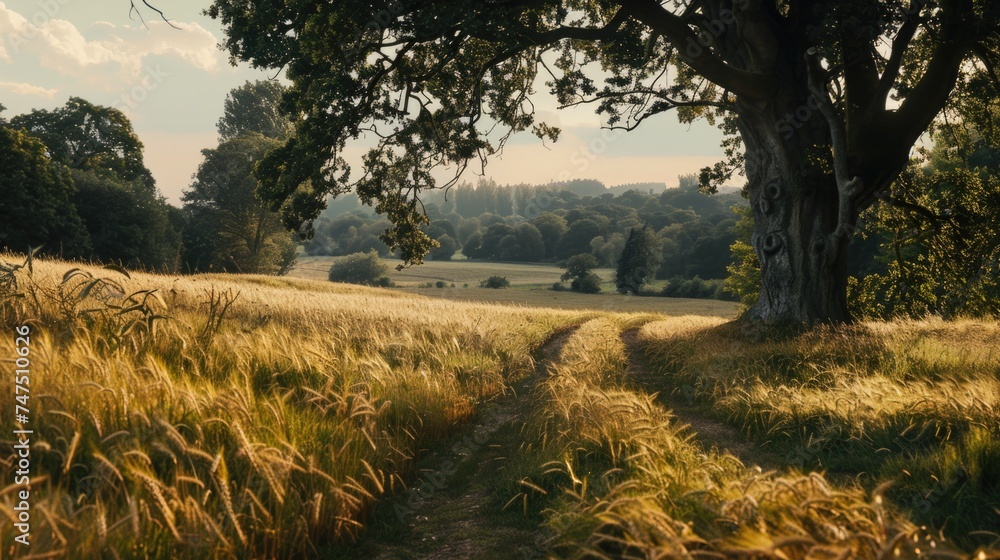 Poster a serene view of a dirt path cutting through a field of tall grass. suitable for nature and landscap