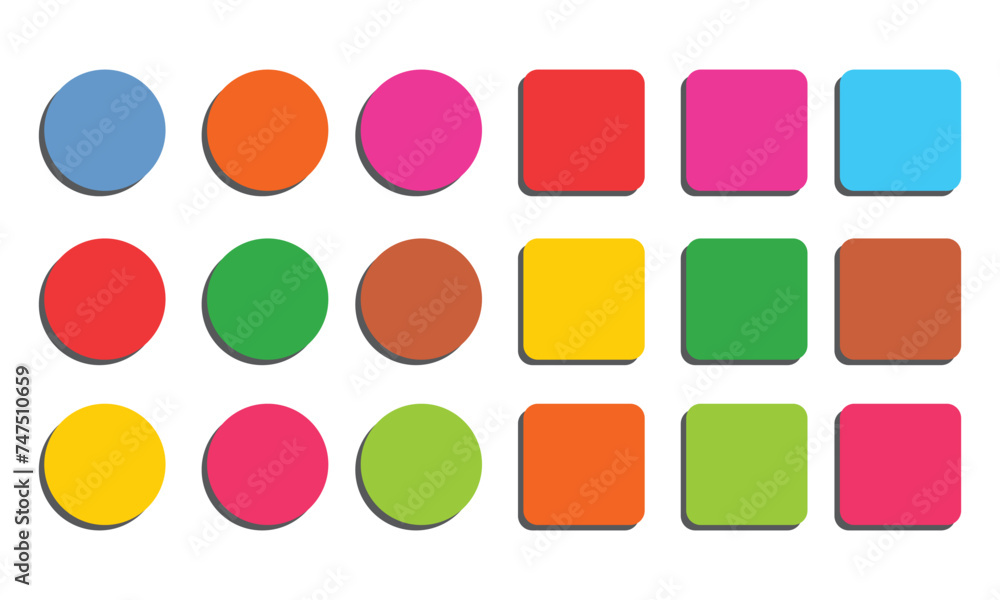 Poster web 18 vector push button set, glossy colorful icon, shiny square and circle isolated on white backg
