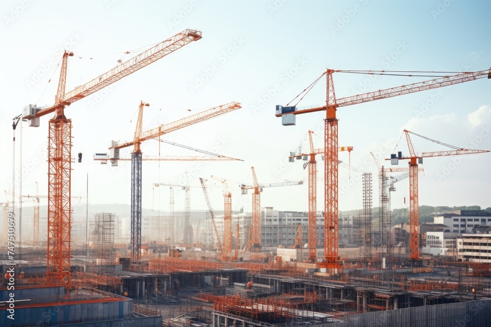 Poster busy construction site with multiple cranes. suitable for construction industry concepts