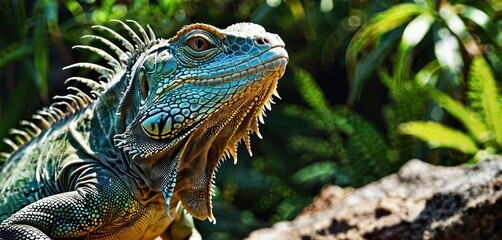 a close up of an iguana on a rock in front of some trees and plants in the background.