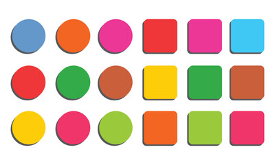 Web 18 vector push button set, glossy colorful icon, shiny square and circle isolated on white background. Cartoon game illustration;