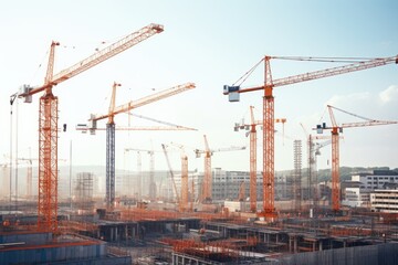 Fototapeta na wymiar Busy construction site with multiple cranes. Suitable for construction industry concepts