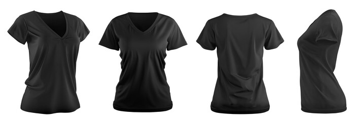 Set of woman black tee t shirt v-neck slim cut, front back and side view on transparent background cutout, PNG file. Mockup template for artwork graphic design.  - obrazy, fototapety, plakaty