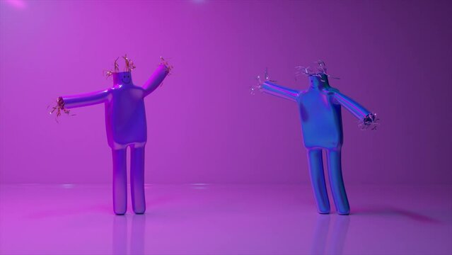 Animation of two air dolls dancing. Funny cartoon characters isolated on white background