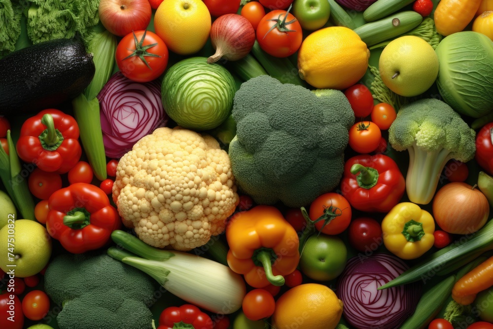 Poster assortment of different types of fruits and vegetables, suitable for various healthy lifestyle conce