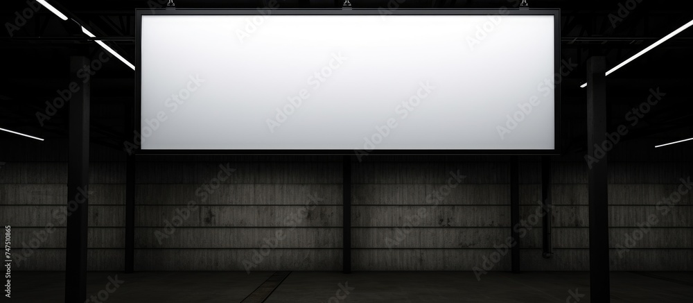 Canvas Prints an empty billboard, a hanging lightbox with blank space, hangs in the middle of a dark room. the bla