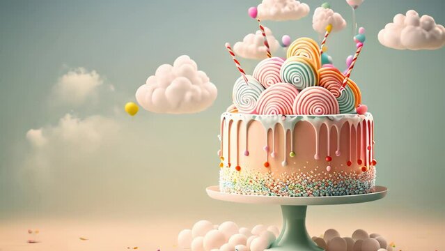 Festive colorful cake on a stand decorated with sweets, stars, white clouds, chocolate for baby on a blue background. Child's birthday. Gentle, tender colors.