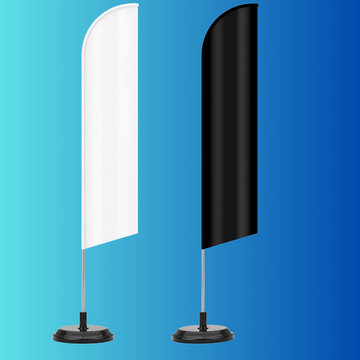 Teardrop mockup set, blank white and black wind banner collection feather flag mock-up or vertical wind banner mock up. Isolated on blue background