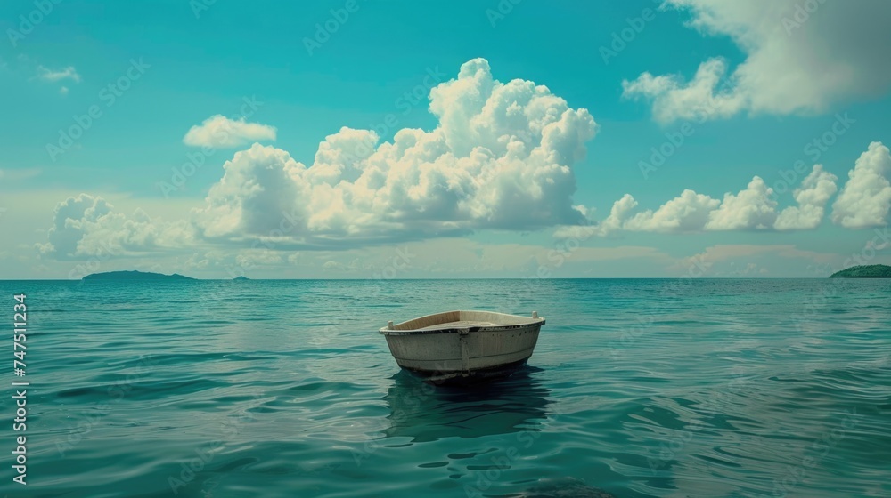 Poster a small boat floating in the vast ocean. suitable for travel and adventure themes