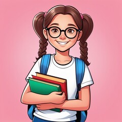 Little girl 10 years old in glasses holding books with backpack on pale pink background.