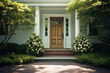 Front view of a house entrance surrounded by bushes. Perfect for real estate or home improvement concepts