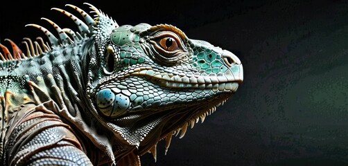 Fototapeta premium a close up of an iguana on a black background with a blurry image of the lizard's head.