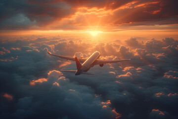 A passenger airplane glides through a breathtaking sunset sky, with hues of orange and red...