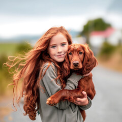 Dog and owner lookalike, redhead teen girl embracing her Irish setter outside, wind flying long hair.