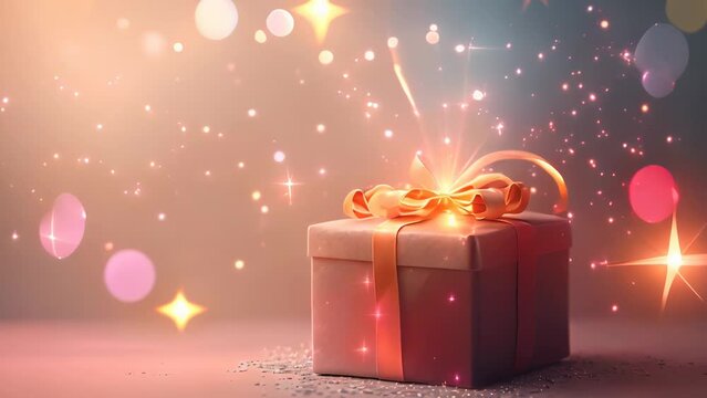 Festive gift box tied with ribbon in the lights on a birthday. Fairy magic holiday.
