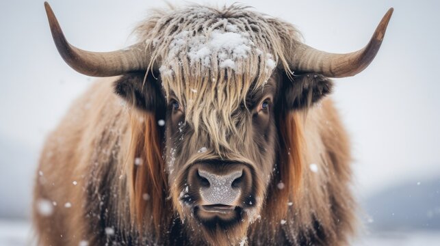 Close-up image of a yak in the snow, suitable for various winter themes