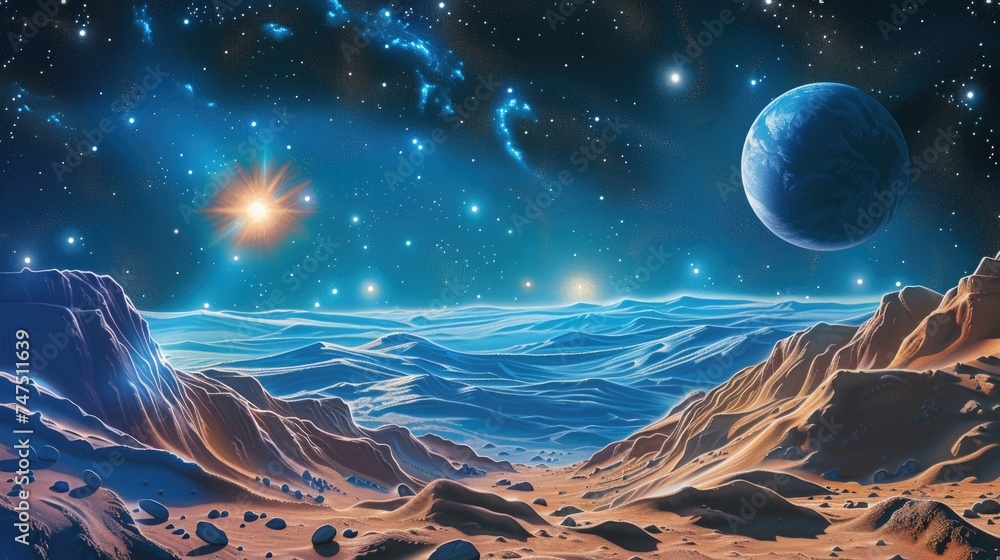 Poster an alien landscape with a planet in the distance. suitable for sci-fi themed designs
