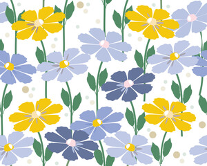 A pattern of yellow and blue flowers on a white background. Vector illustration for design of fabric, wallpaper, spring cards