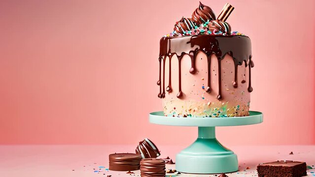 Birthday pink cake poured with chocolate, decorated with sweets on a pink background.