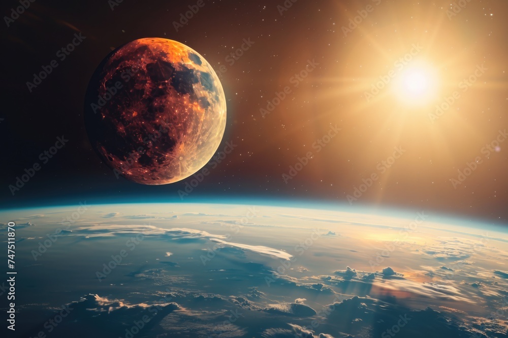 Poster a stunning image of earth captured from space with the sun in the background. perfect for scientific