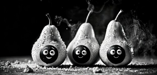 a group of three pears sitting next to each other on top of a floor covered in fire and smoke.