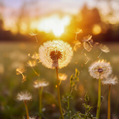 Fancy fluffy white dandelion with seeds flying in the wind. Macro shot of summer nature scene. Blurred background of summer meadow at sunrise or sunset. Close-up. Copy space.