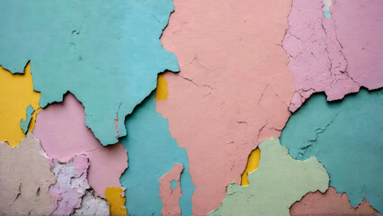 Detailed view of cracked old wall and numerous layers of peeling pastel-colored paint, revealing history. Rustic, worn and weathered charm multicolored surface. Vintage and distressed. Copy space.