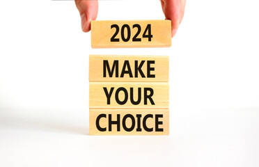 2024 Make your choice symbol. Concept words 2024 Make your choice on beautiful wooden block. Beautiful white table white background. Voter hand. Business 2024 Make your choice concept. Copy space.
