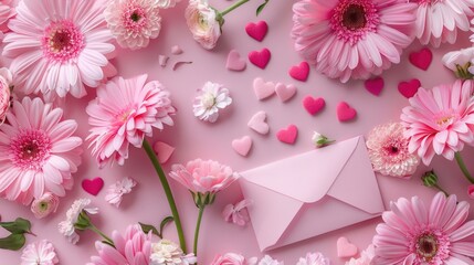 A pink envelope surrounded by pink flowers and hearts. Perfect for romantic occasions