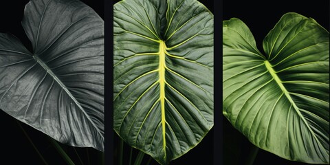Three different types of leaves on a black background. Ideal for nature and botanical themes