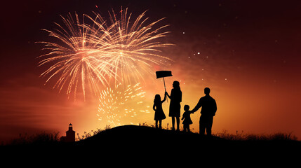 Silhouette of a family against a background of fireworks
