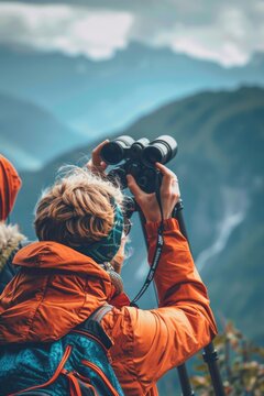 Couple taking pictures of scenic mountains, ideal for travel blogs