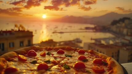 Pizza with scenic Italian sunset backdrop - Delicious Italian pizza overlooks a majestic Neapolitan sunset with Vesuvius in the backdrop for a taste of Italy - obrazy, fototapety, plakaty